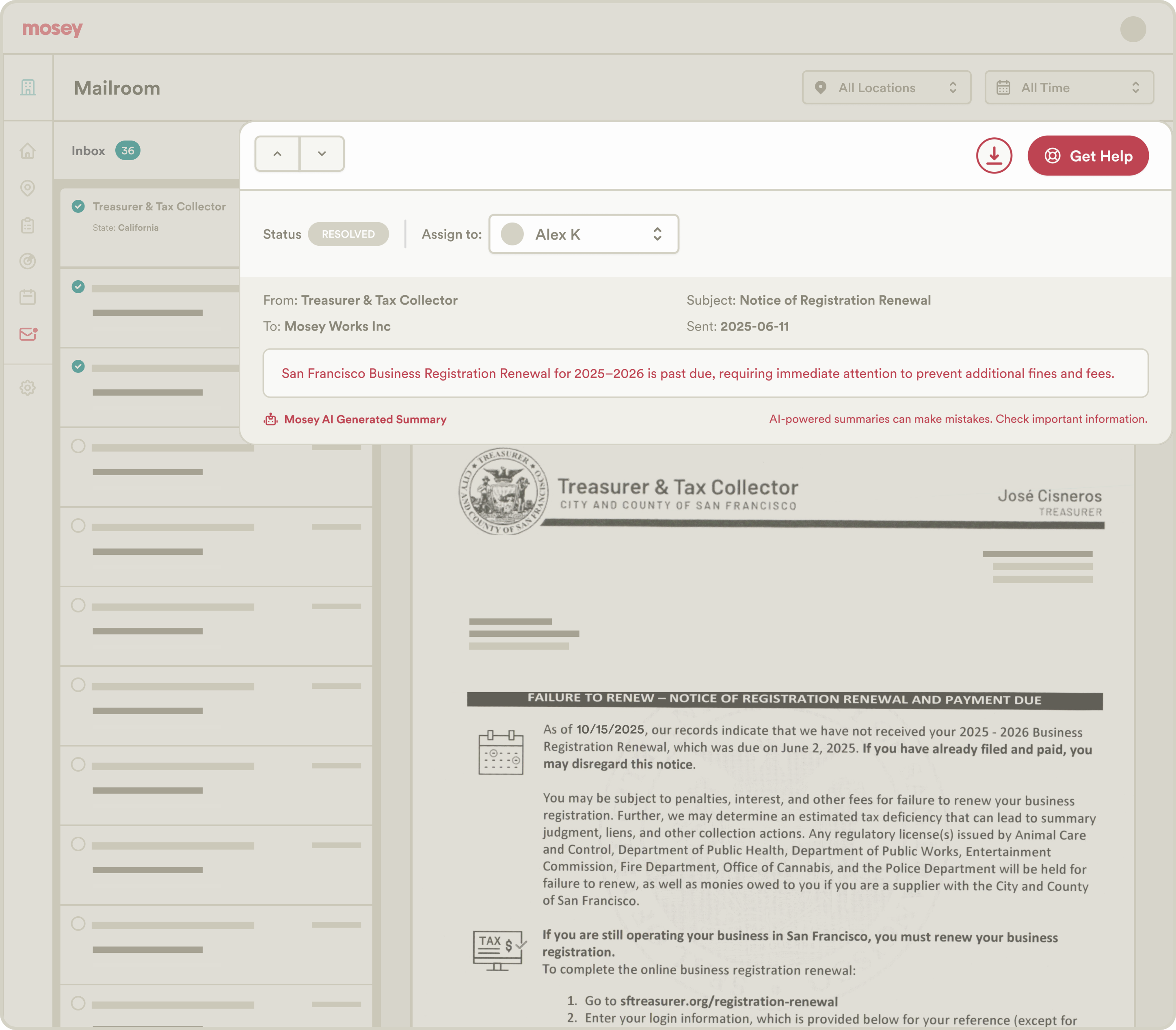 AI mail summary and notice resolution
